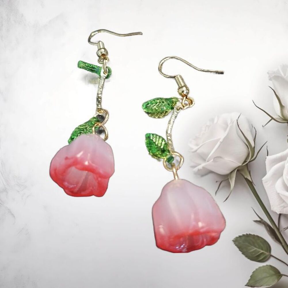 3D Pink White Tulip Flower Floral 2" Dangle Earrings